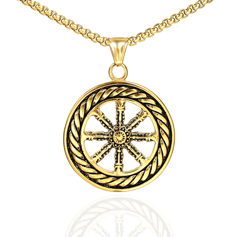 Vintage Viking Valknut Necklace Pendant Stainless Steel Norse Odin Ouroboros Compass Necklace Men Amulet Jewelry