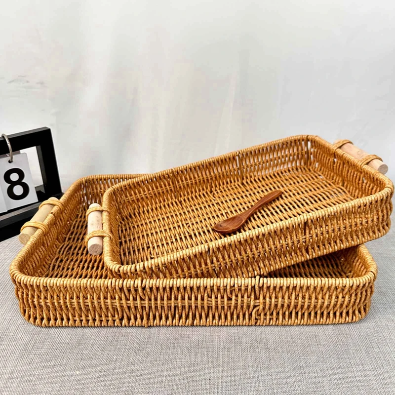 Cestas de mimbre tejidas de imitación de plástico para pan, fruta, verdura, restaurante, mesa para servir, cesta de almacenamiento redonda de ratán
