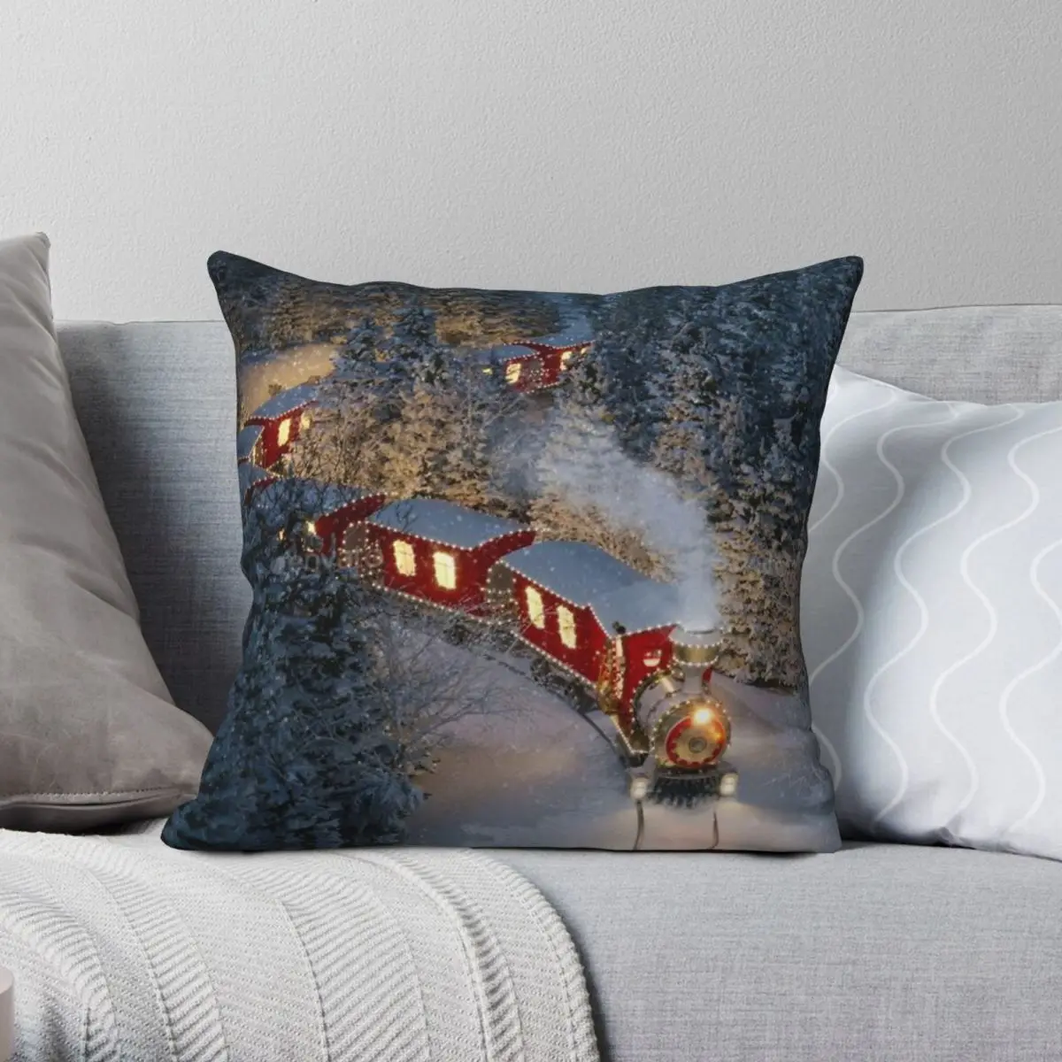 Christmas Train Square Pillowcase Polyester Linen Velvet Printed Zip Decorative Throw Pillow Case Bed Cushion Case Wholesale