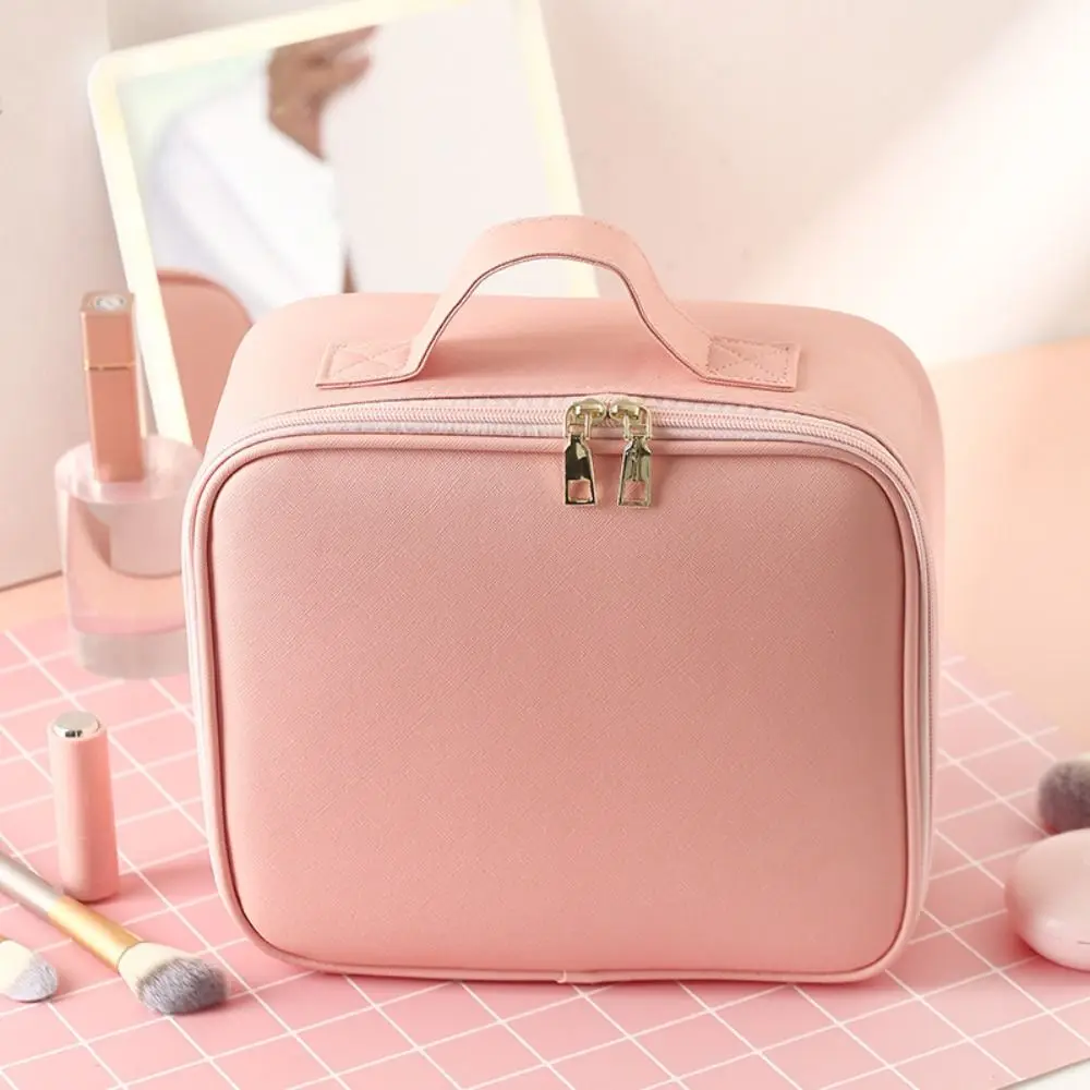 Detachable Partition Large Capacity Makeup Bag Waterproof Handheld Cosmetic Organizer Bag Adjustable Leather Makeup Box Women