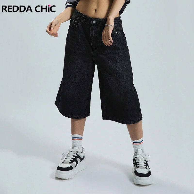 

REDDACHiC Black Whiskers Boyfriend Baggy Jorts Women Low Rise Wide Leg Denim Shorts Jeans Casual Pants Retro Y2k Grunge Clothes