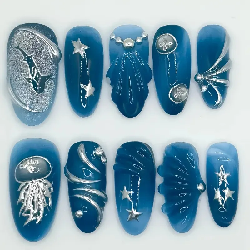 

10pcs Handmade Fake Nail Art Ocean Seashell Design Blue Mid-length Oval False Nail Tips with Rhinestone Pearl Press on Nails Set