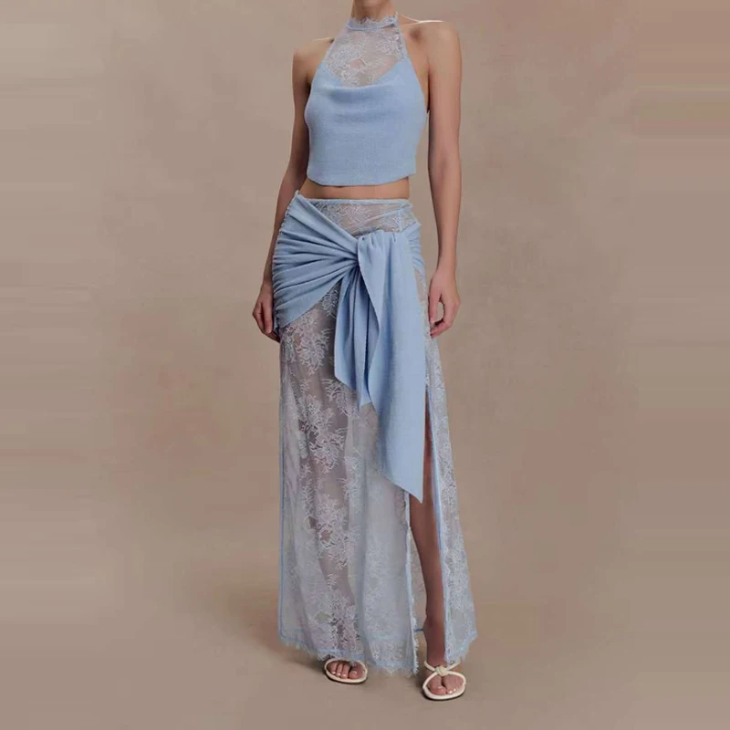

Fashion Lace Spliced Knitted Halter Tops&Half Skirts Set Summer Bohemian Vacation Two Piece Sets Lady Solid Color Hollow Out Set