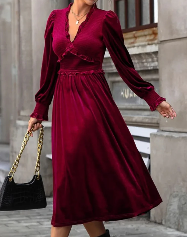 Outono/inverno vermelho veludo com decote em v vestido longo vintage vestidos de baile cintura alta elegante outgoning vestido de festa à noite