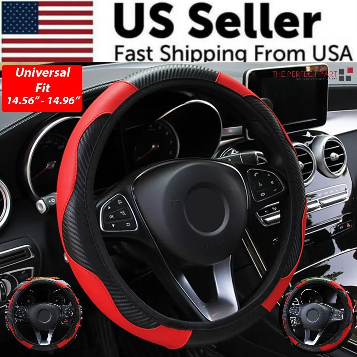 

US Car Steering Wheel Cover Red Black Leather Anti-slip For 15"/38cm Carbon Fiber