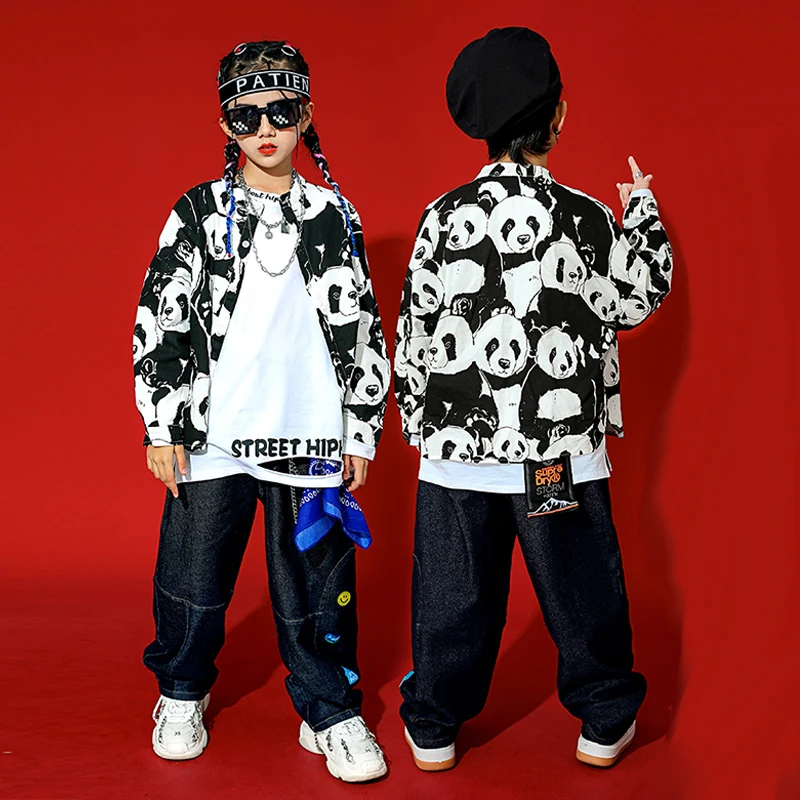 Costume Streetwear Fashion Jazz Dancewear Kids Hip Hop Dance Outfit Panda Shirt Pants Boys Girls Loose Street Dance Stage