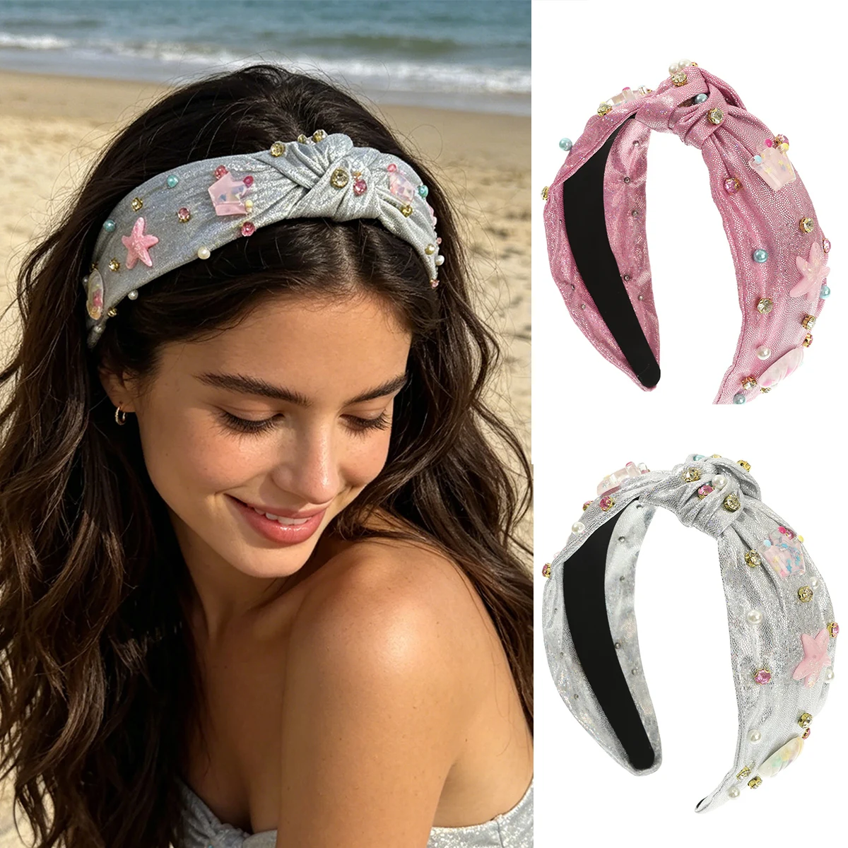 AWAYTR Starfish Shell Knot Headband for Girls Knotted Hair Bands Accessories for Women Sparkly Headbands Women Party Headwear