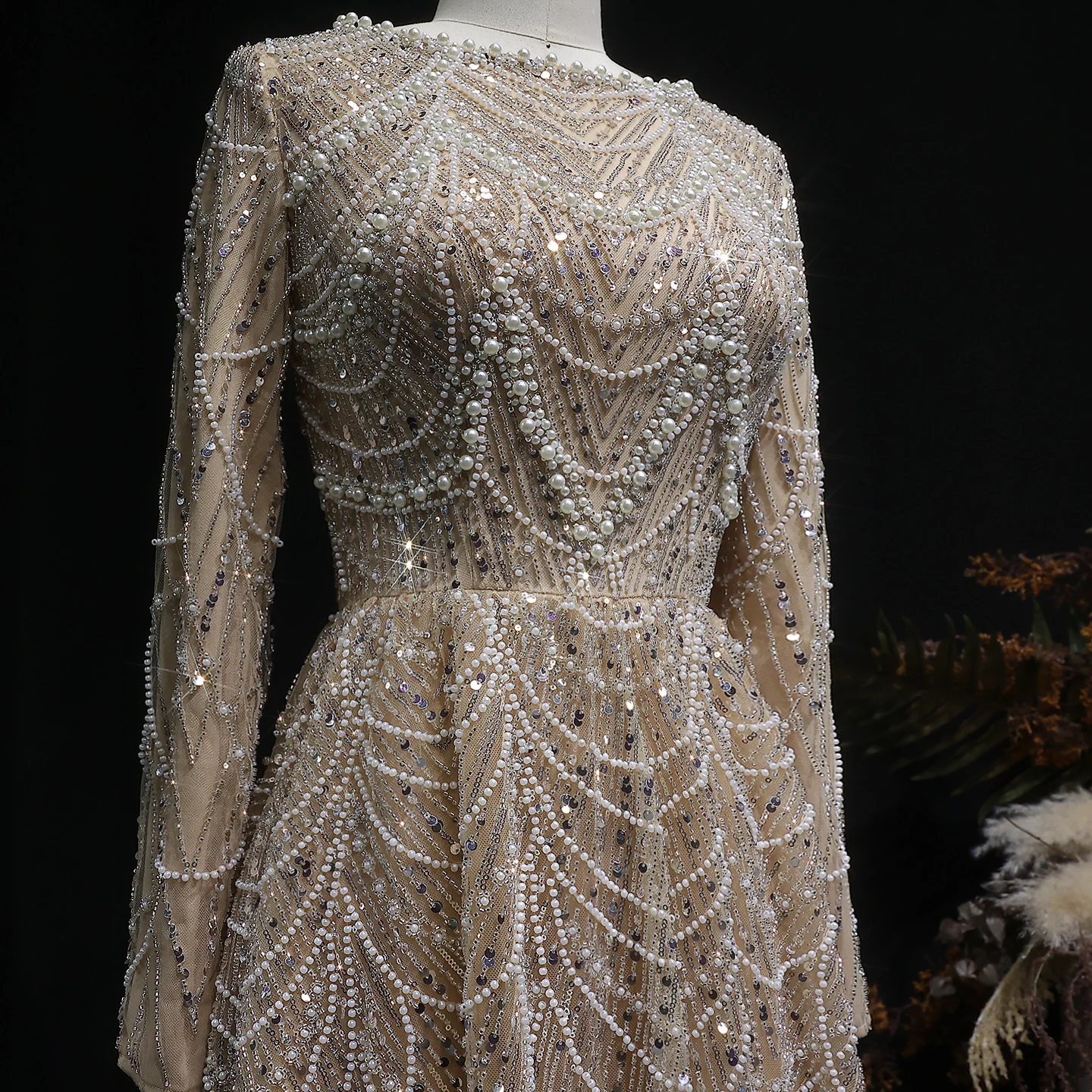 Sharon Said Luxuriöses Dubai-Abendkleid mit grünen Perlen und langen Ärmeln, Saudi-Arabisches Damen-Hochzeitskleid, formelle Partykleider SS625, maßgeschneidert – Detail 31