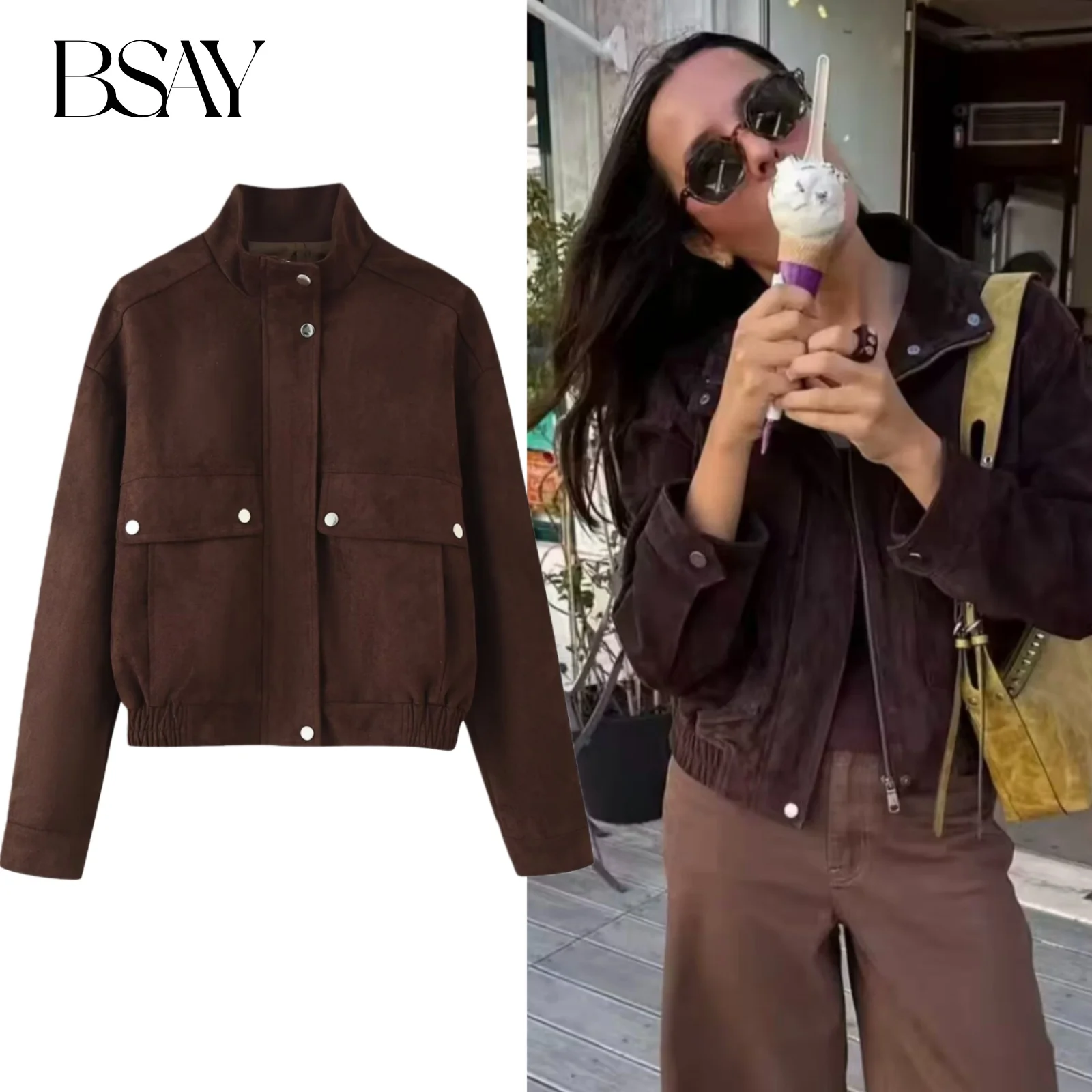 

BSAY женская одежда, осень 2021, новый стиль, темперамент, коричневая американская короткая куртка с воротником-стойкой