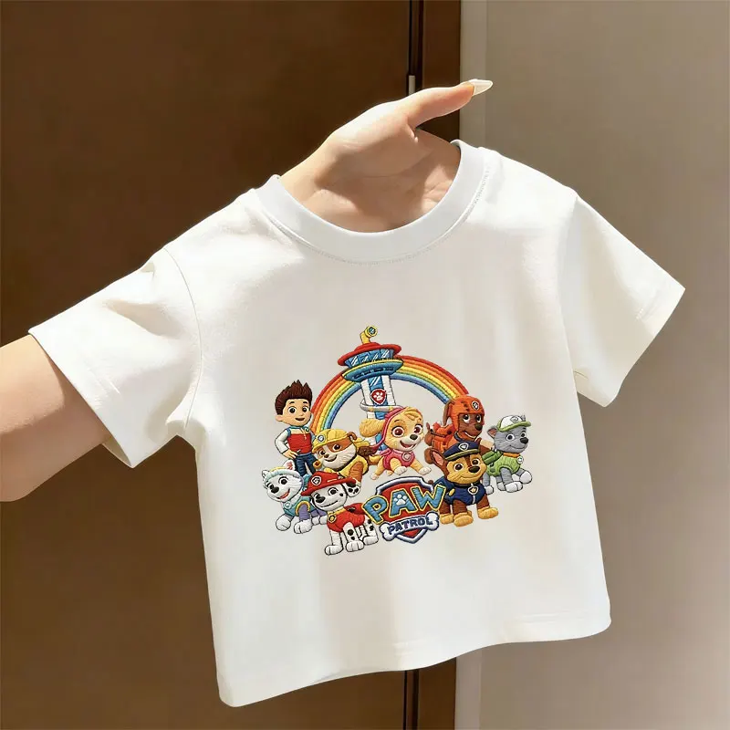 Cartoon PAW Patrol Toddler Cotton T‑Shirt Rainbow Lookout Tower Full Dog Team Graphic Short Sleeve Tee Boys Girls Kids Casual