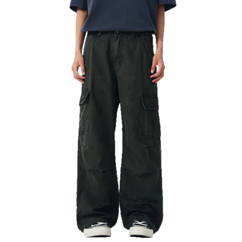 

Korean version Men's Solid Color Washed Multi Pockets Casual Trendy Simple Basic Wide Leg Straight Cargo Trousers Male Pants