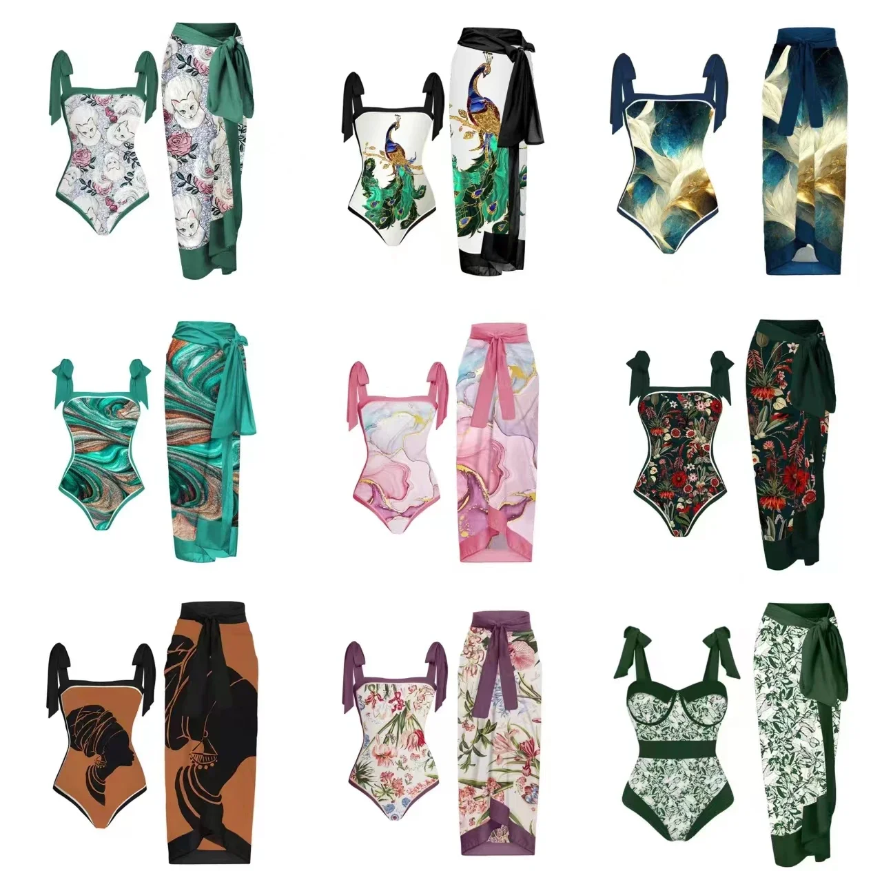 New Holiday Swimsuit Women's Multi Color Printed jumpsuit Sunscreen Yarn Skirt Set
