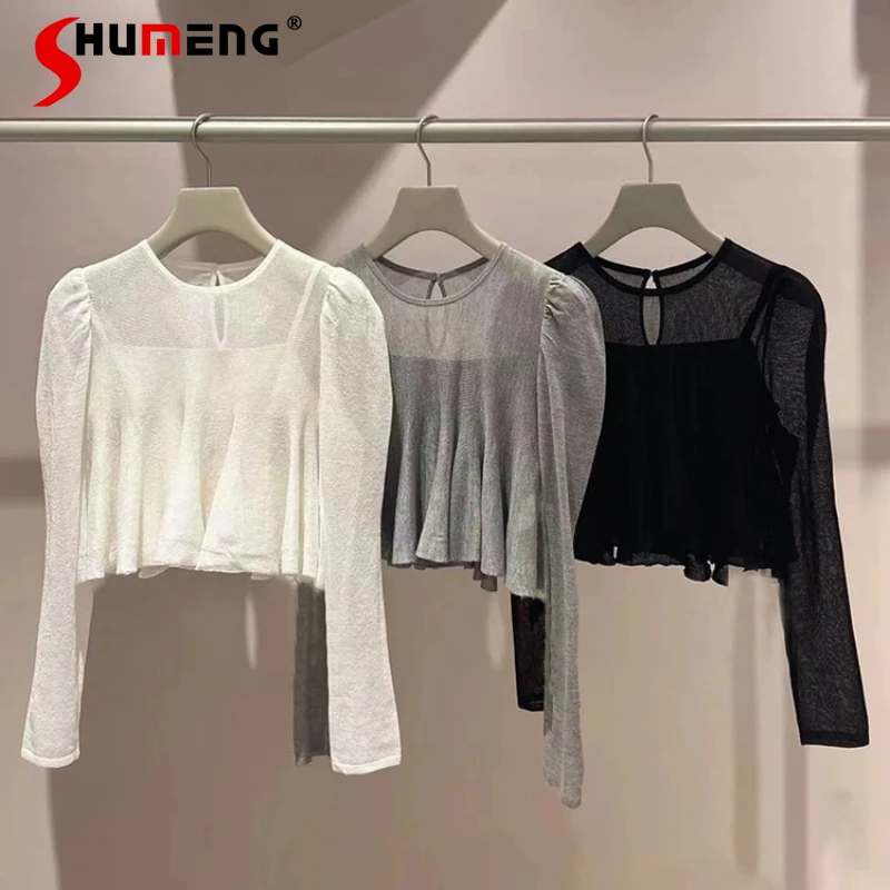 

Japanese Style Simple Blouse Elegantes 2024 Spring and Summer New Sweet Micro Transparent O Neck Ruffled Short Top Femininas