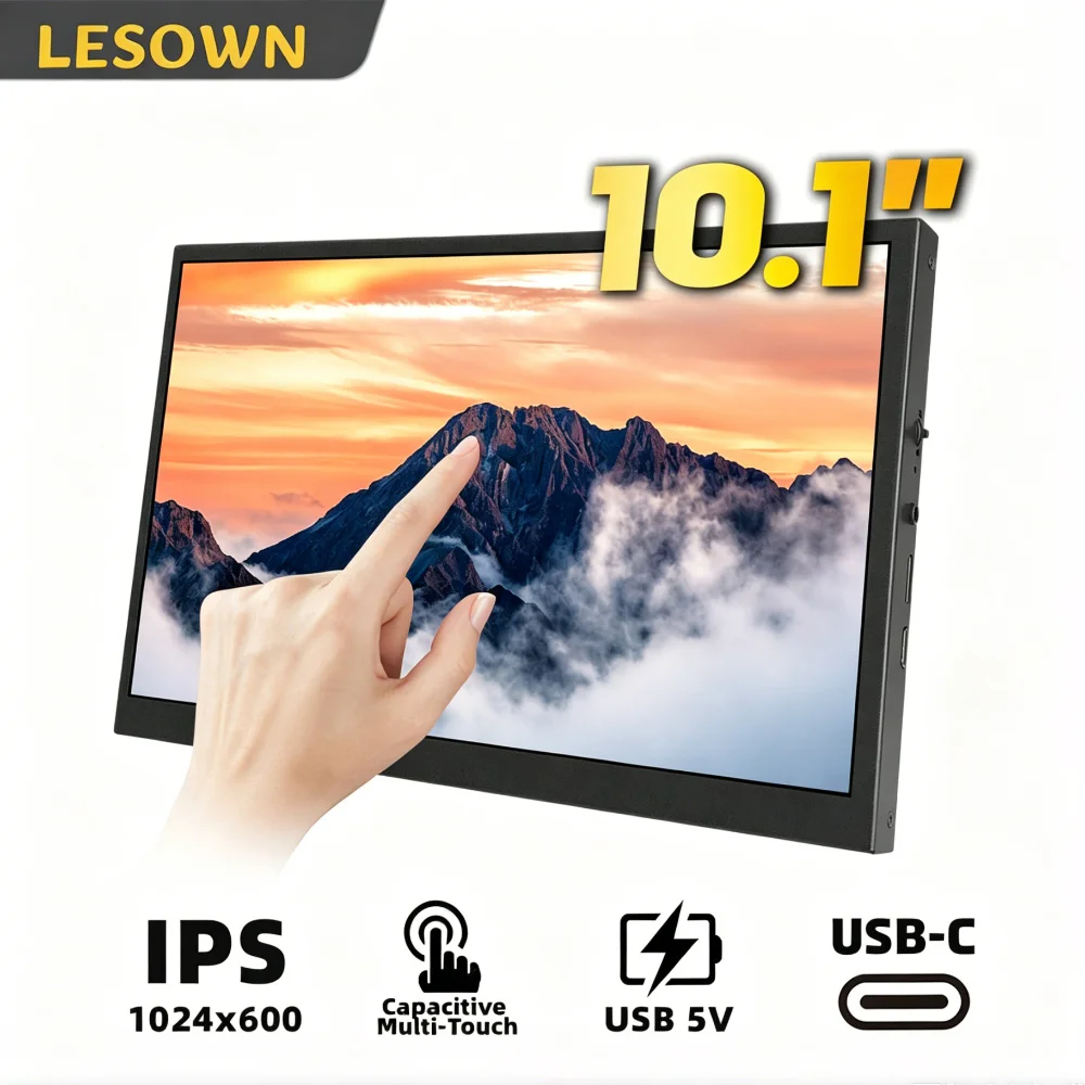 LESOWN 10.1" 1024x600 Computer Temp Monitor Aluminum VESA Mount USB C Mini HDTV Single Cable High Brightness Eye Care for Laptop