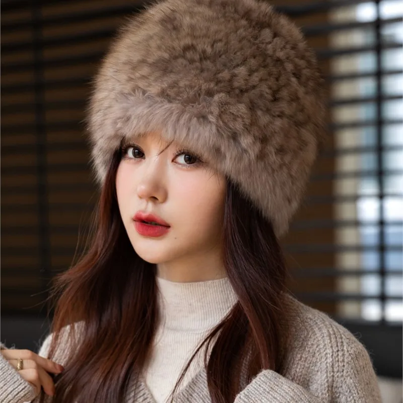 

Real hair double-sided ear women's warm bun fur leather melon cap