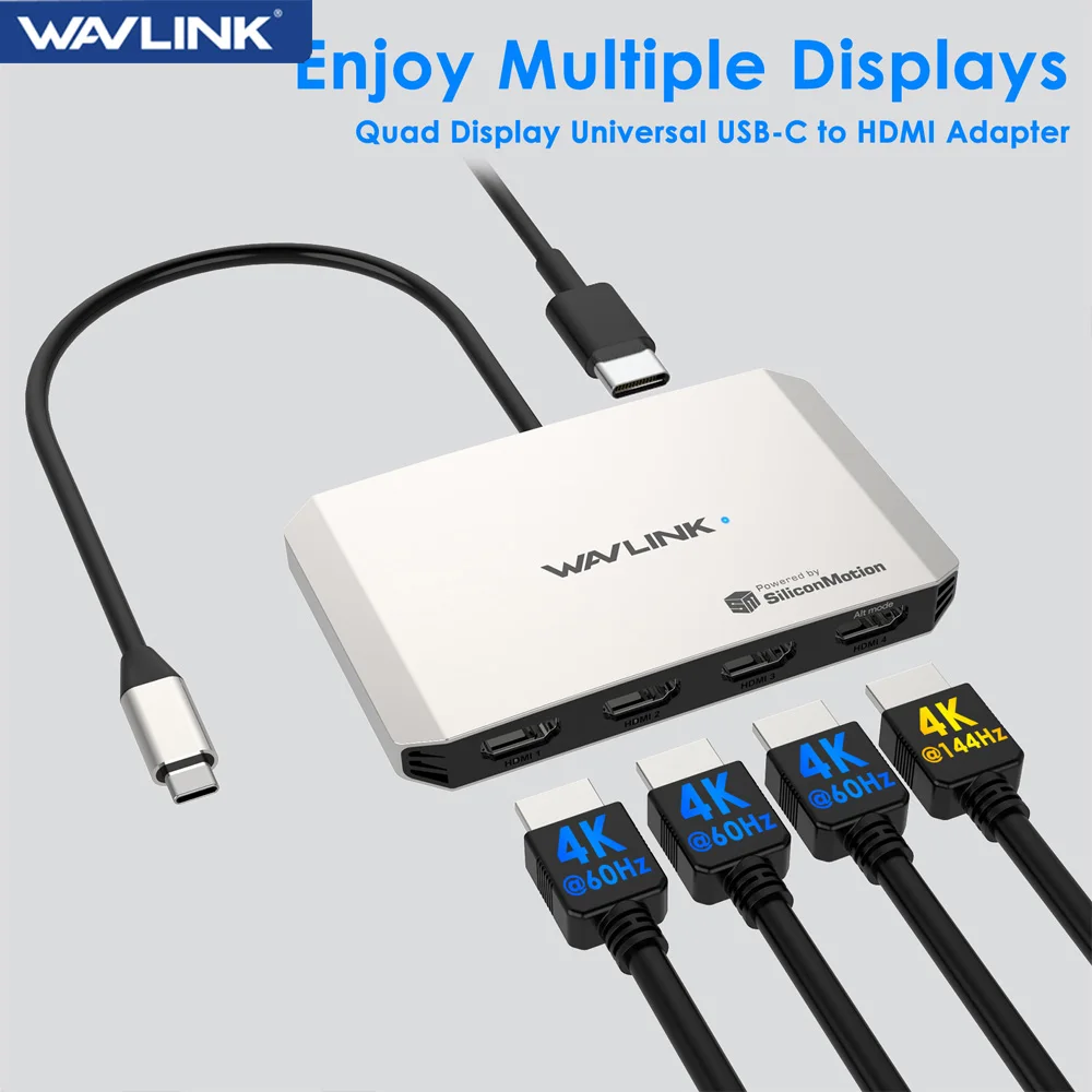 

WAVLINK USB-C to Quad HDMI Adapter 4K USB-C Adapter Support PD In 140W Out 130W Compact and Portable Compatible with Windows
