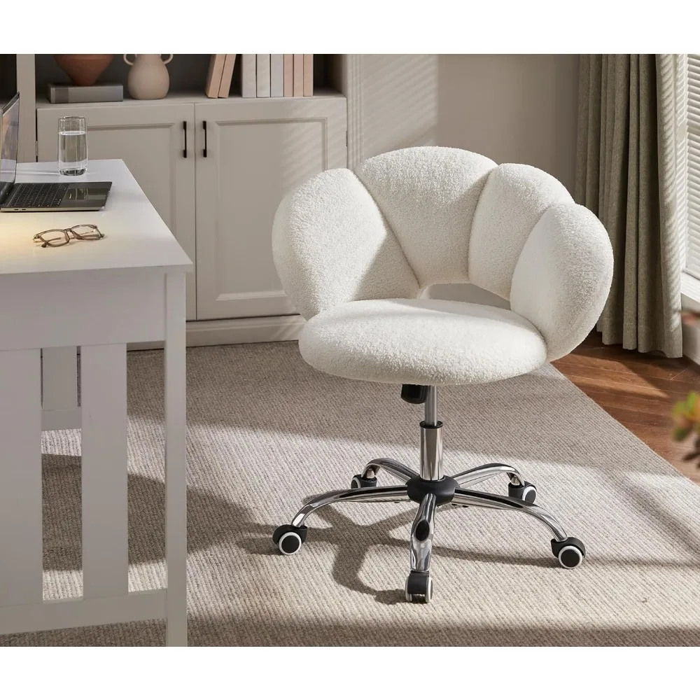 Boucle Upholstered Desk Chair Cloud-Shaped Vanity Chair Adjustable Home Office Chairs Computer Chairs with Rolling Wheels