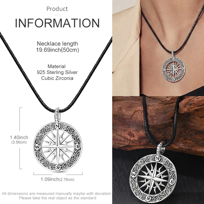 

Original 925 Sterling Silver Compass Black Leather Thong Necklace For Men Women Jewelry Gift