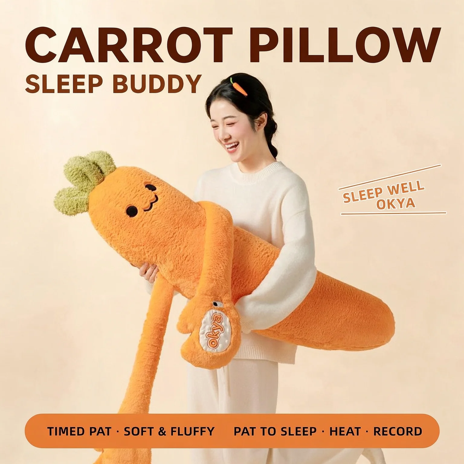 Patting Pillow OKYA Carrot Sleep Aid Soothing Long Plush Cushion for Bedtime Hugging Christmas Gift