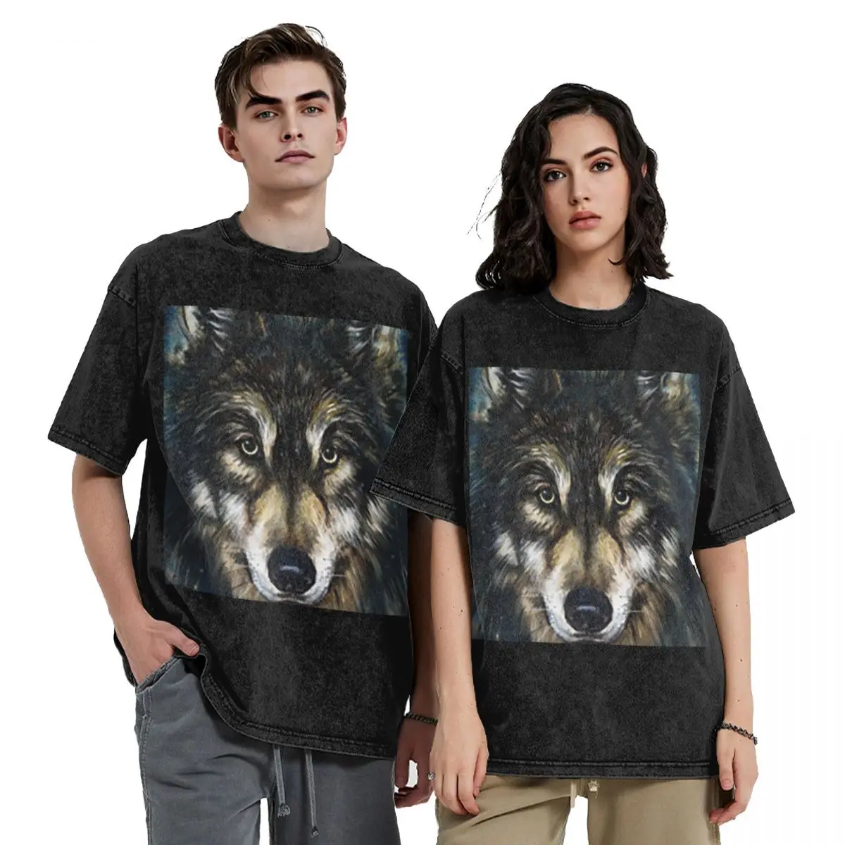 

Animal Wolf Hip Hop Short Sleeve T-Shirts Washed Tops Tees Streetwear T Shirt Harajuku for Men Women