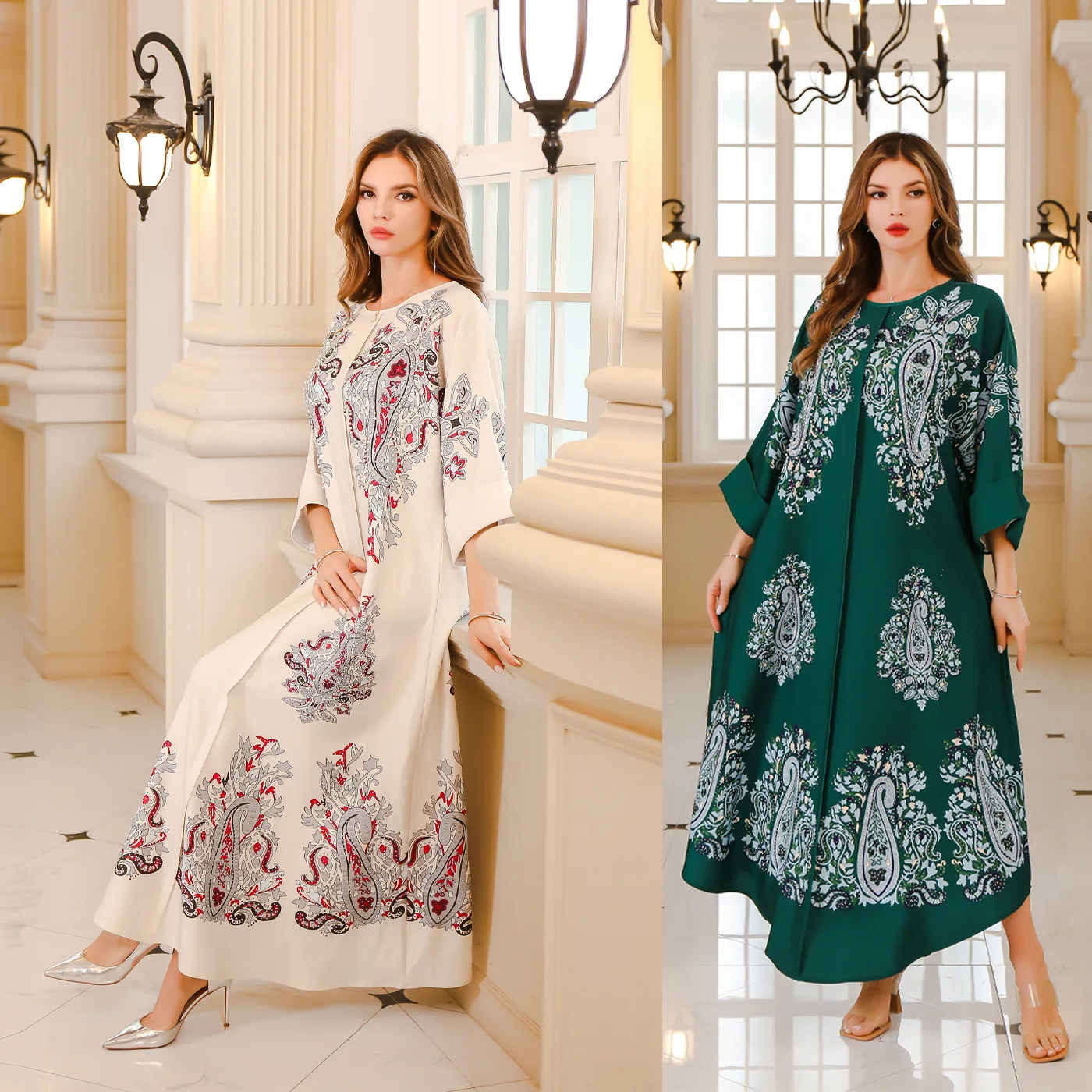 

Ramadan Dubai Floral Print Maxi Dresses Muslim Women's Stylish Beading Abaya Moroccan O-Neck Folds Sleeve
