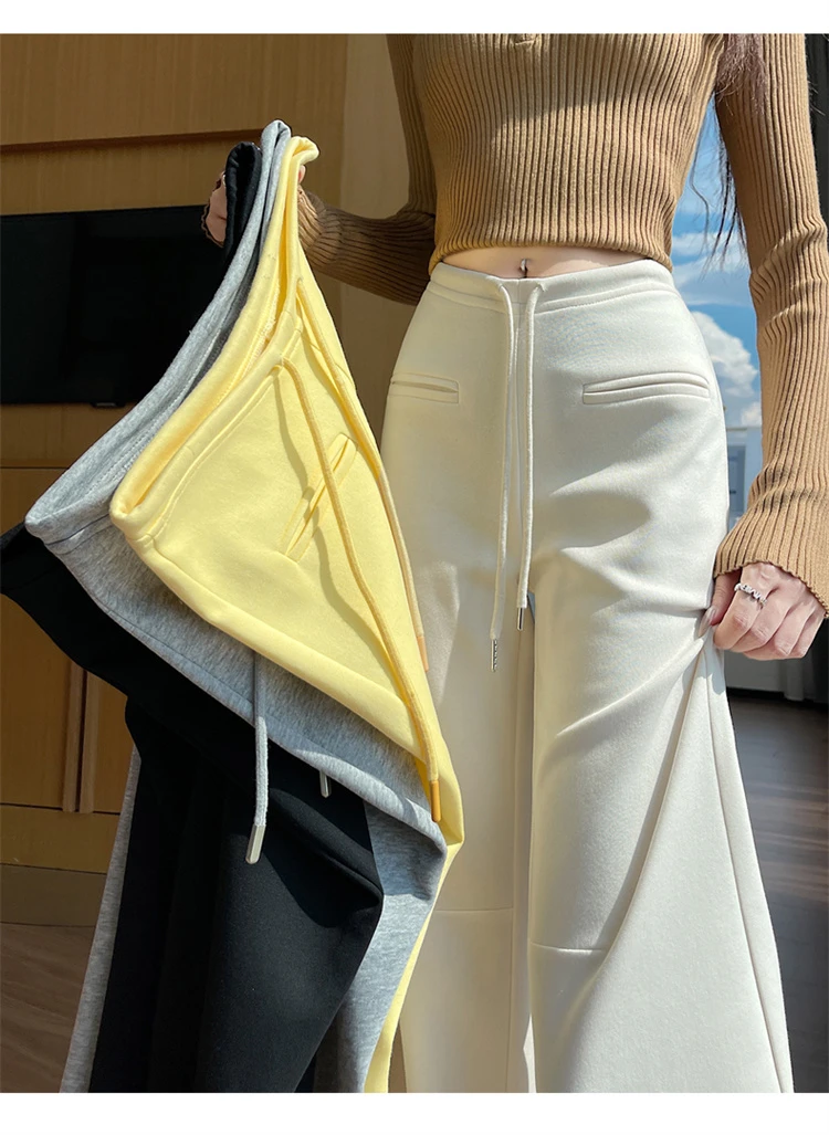 Women's Autumn Winter Micro Flare Wide Leg Full Length Pants Lady Streetwear Drawstring Waist Loose Long Pants