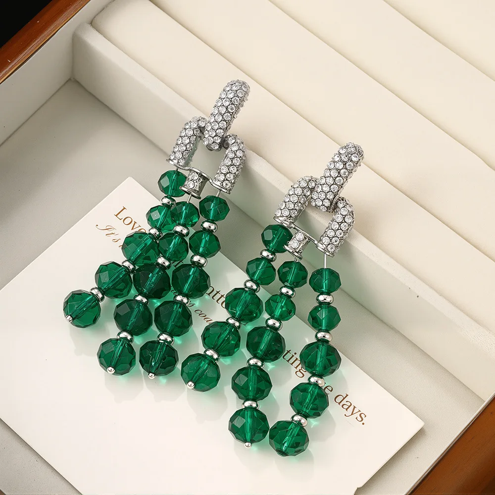 Silver Needle Flash Diamond Exaggerated High-end Retro American Style Earrings Crystal Beaded Tassel Long Light Luxury Earrings