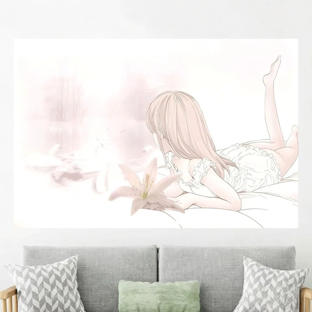 Soft Line Art Anime Girl Tapestry White Lily Swan Pastel Aesthetic Wall Hanging Kawaii Cute Bedroom Dorm Background Decor Cloth