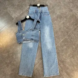Women Sexy Denim Trousers Suit Vest Crop Top And Wide Leg Pant Two Piece Set Matching Outfit Korean High Street Blue Clothing