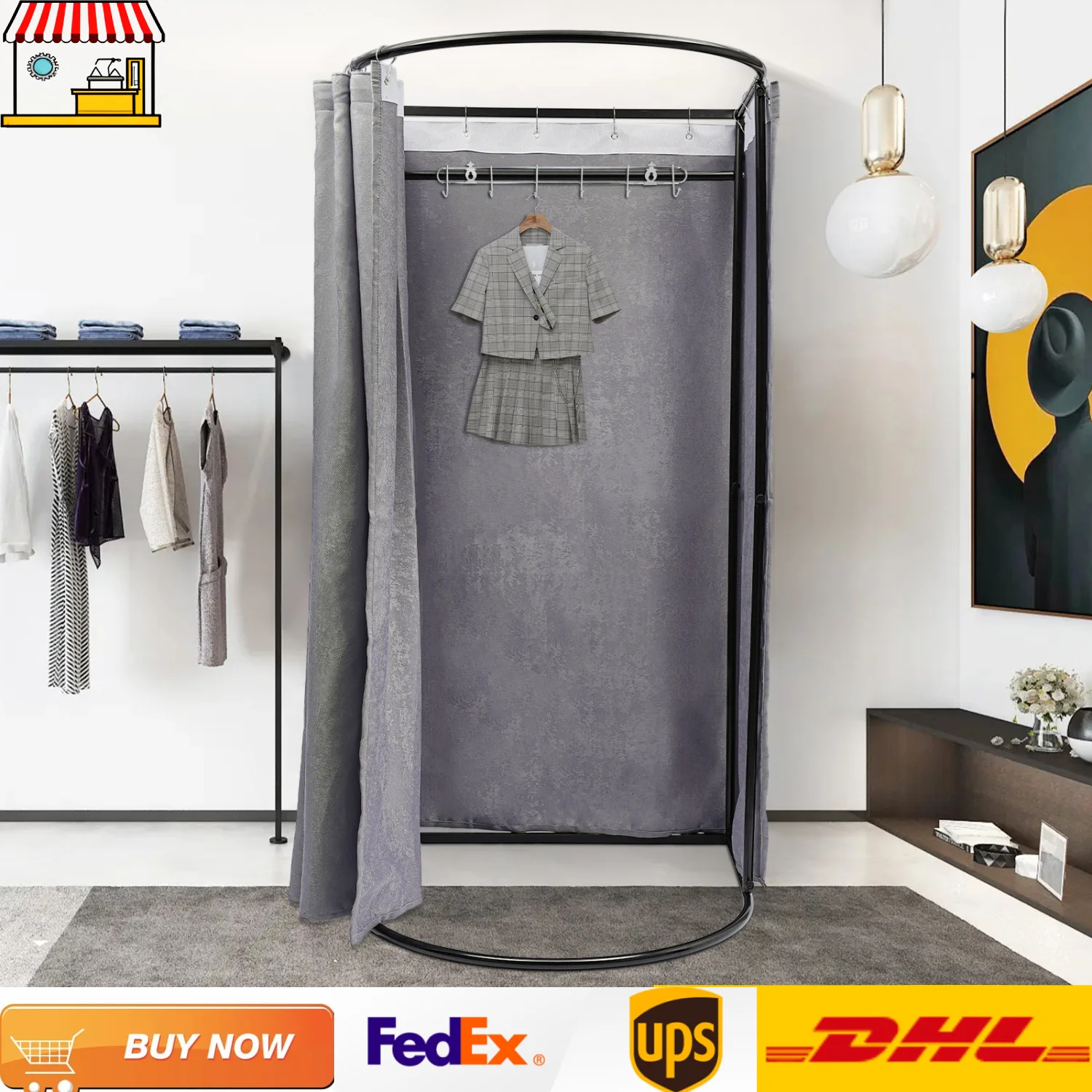 Sala de montaje de tienda de ropa | Vestidor independiente con cortina | Gris 100*95*200cm/39,4*37,4*78,7 pulgadas