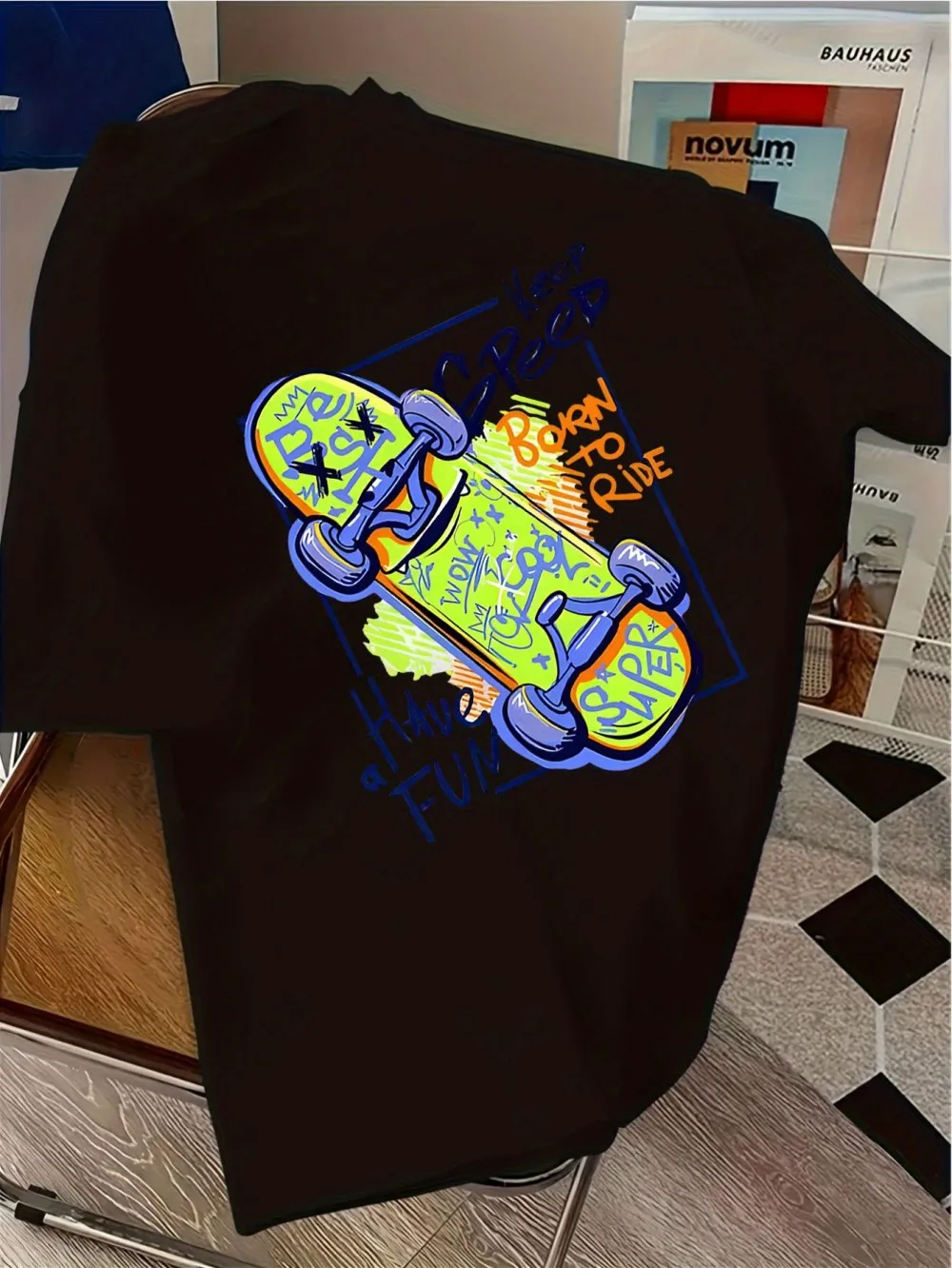 New men's summer skateboarding letter graffiti print micro elastic breathable round neck Tshrit outdoor casual sports top