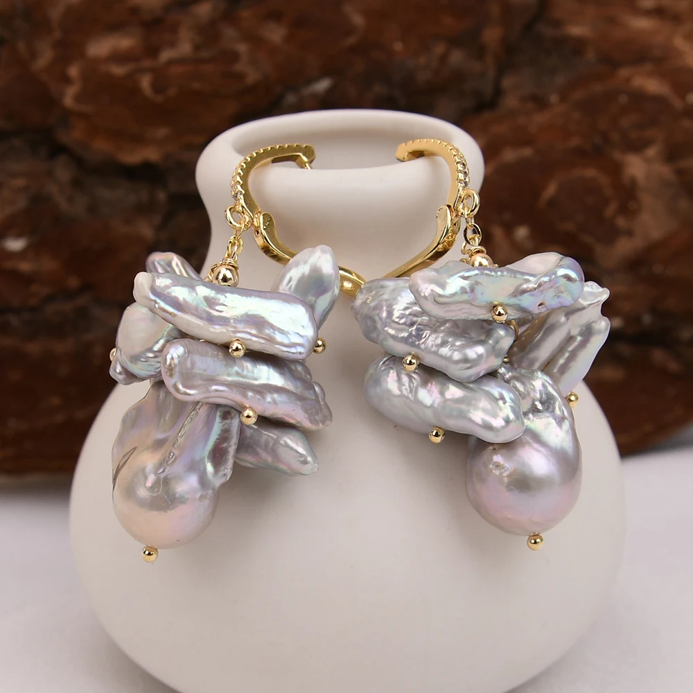 GG مثقف رمادي بيوا كيشي لؤلؤة متدلية أقراط اللؤلؤ الباروك الزركون معبد هوك