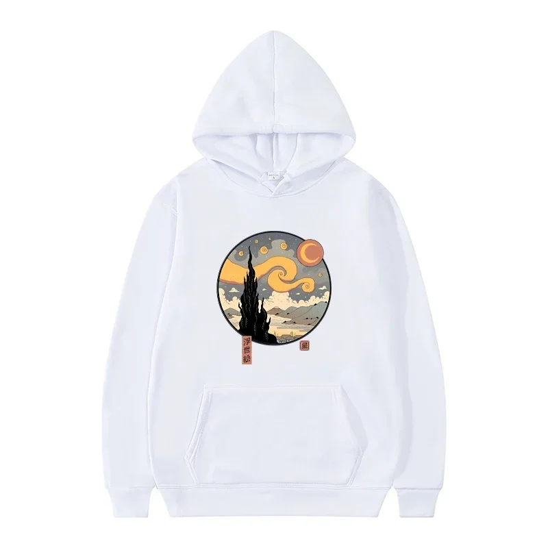 Starry Ukiyo-E Night Printed Hooded Sweatshirt Men's Autumn and Winter Fleece Sweatshirt Casual Fashion Hoodie Pullover Warm Top