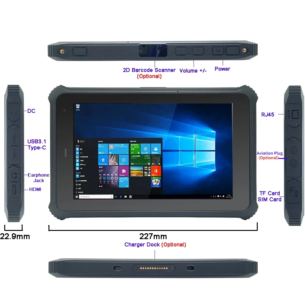 2023 Original K08Z Industrial Rugged Windows 10 Tablet PC Windows 10 UHF RFID 8 Inch FHD Intel Z8350 4GB RAM 5.8G WiFi LF NFC