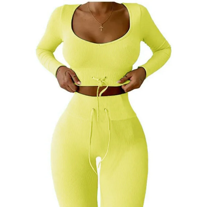 

Women's Rib Yoga Suit Set for Autumn and Winter New Knitted Long Sleeve Crop Top & Skinny Pants Sports Two Piece Suit Sets