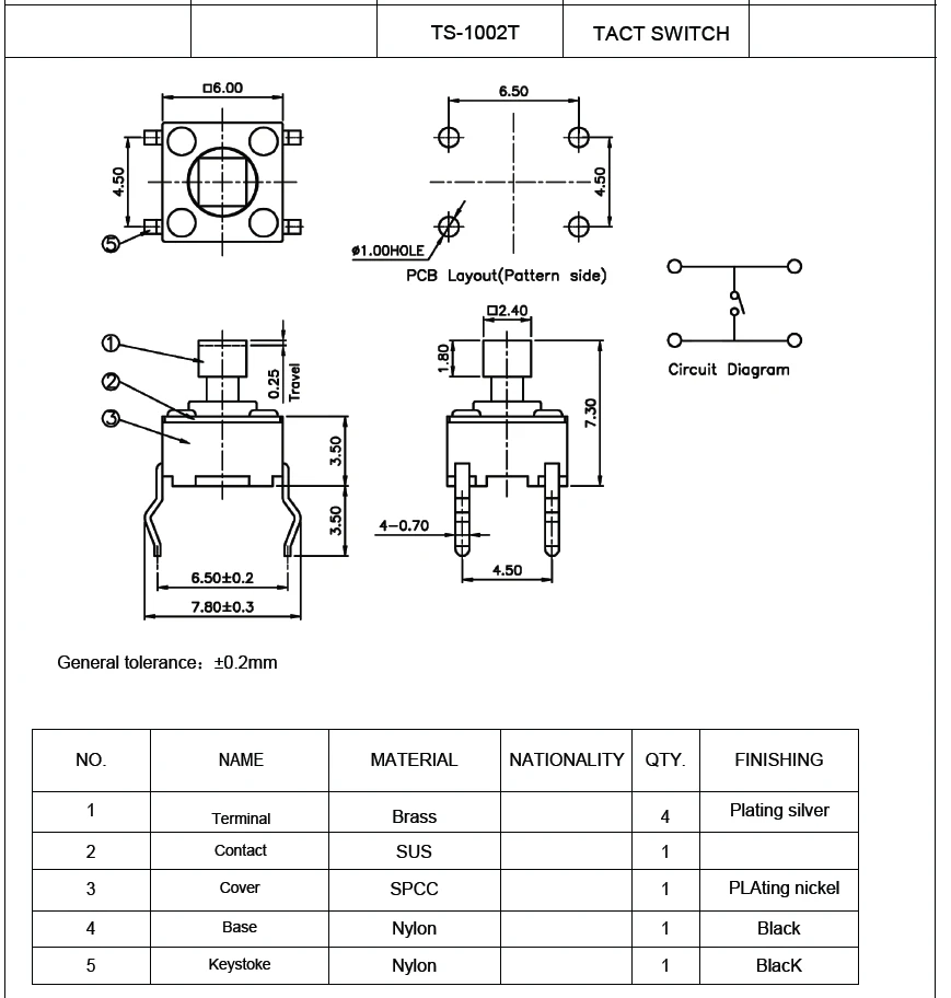 10 pièces/TS-1002T-BR07316(6X6X7.3) TS-1002T-BR07326(6X6X7.3) interrupteur tactile