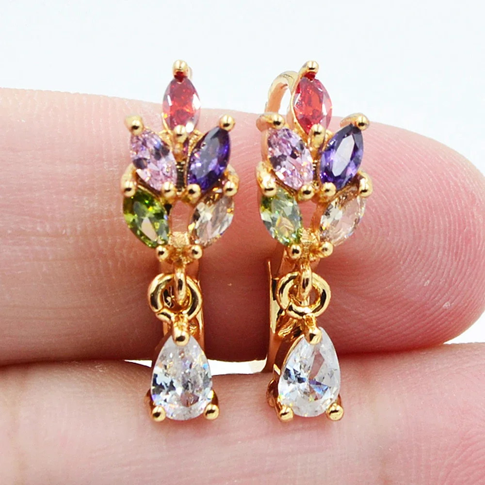 Fashion Gold Color Multicolor Zircon CZ Leaf Huggie Hoop Earrings for Women