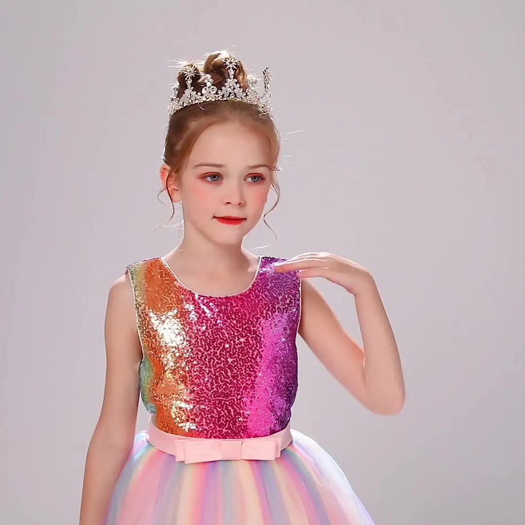 Multi-color Rainbow Unicorn Gradient Sequine Birthday Dress for Girls Carnival Pageant Evening Party Princess Tutu 3-14Y