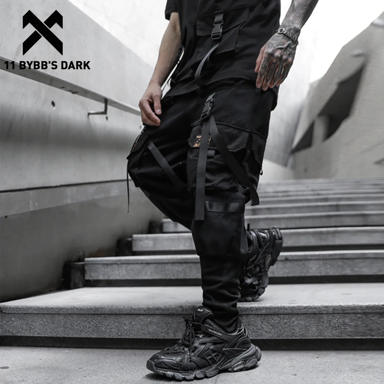 

11 BYBB'S DARK Tactical Patchwork Pockets Ribbons Cargo Pant Man Harajuku Joggers Men Trousers Streetwear Hip Hop Function Pants