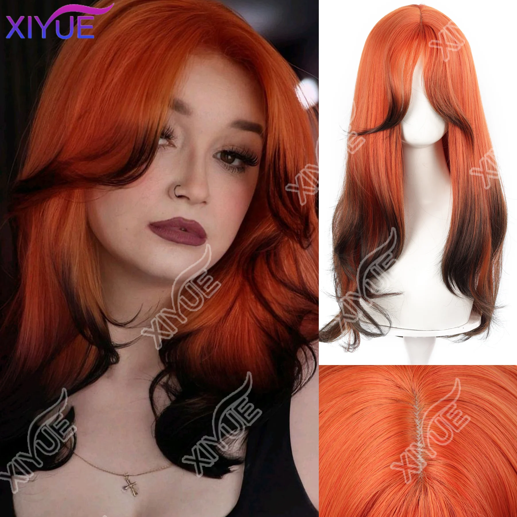 

XIYUE Gradient Wig Women's Medium length Orange Gradient Black Wig Natural Appearance Synthetic Wig Daily Party Halloween