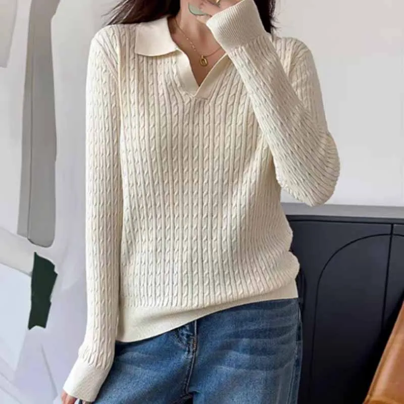Sweaters New Long SleeveKnitted Sweater Women Pullovers Simple Turn Down Collar Knit Sweater Pullover Women Tops Knitwears Q7308