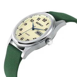 BERNY Men's Watches Calendar Weeks Quartz Men Wristwatch Stainless Steel Case Soft Silicone Easy Read Waterproof Dress Watch