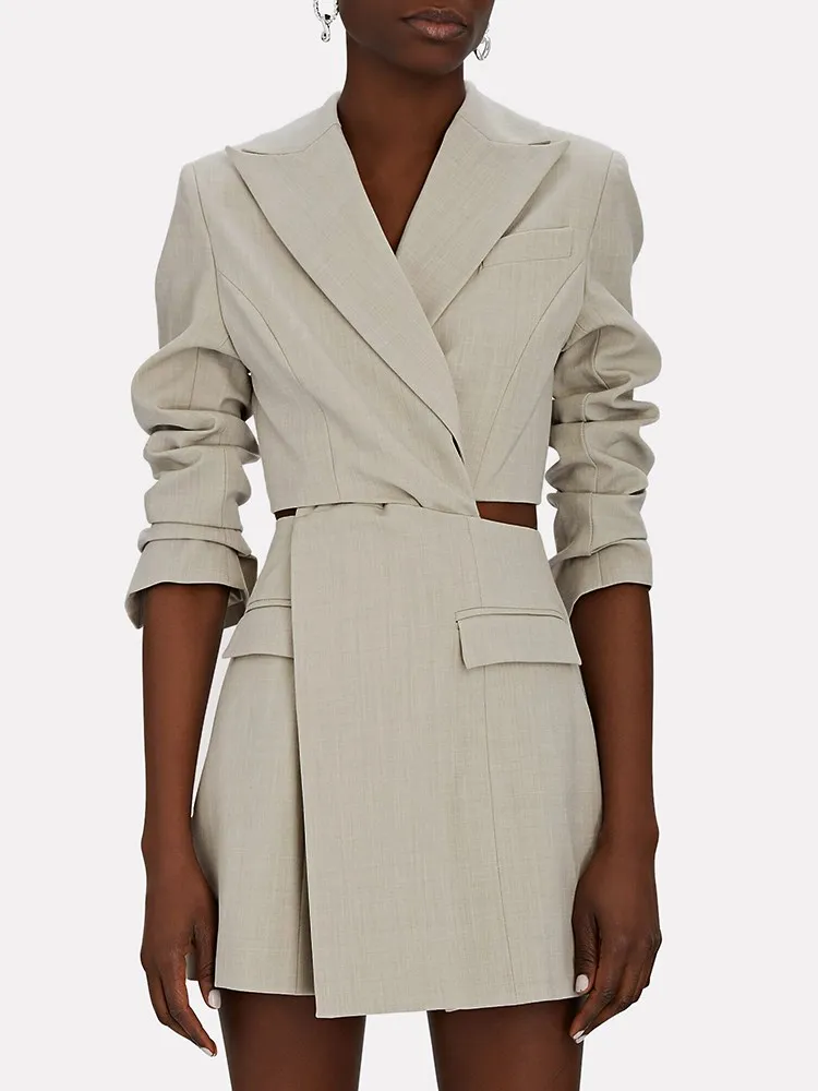 TWOTWINSTYLE Solid Hollow Out Blazer For Women Notched Collar Long Sleeve Spliced Pocket Designer Blazers Female Fashion Style
