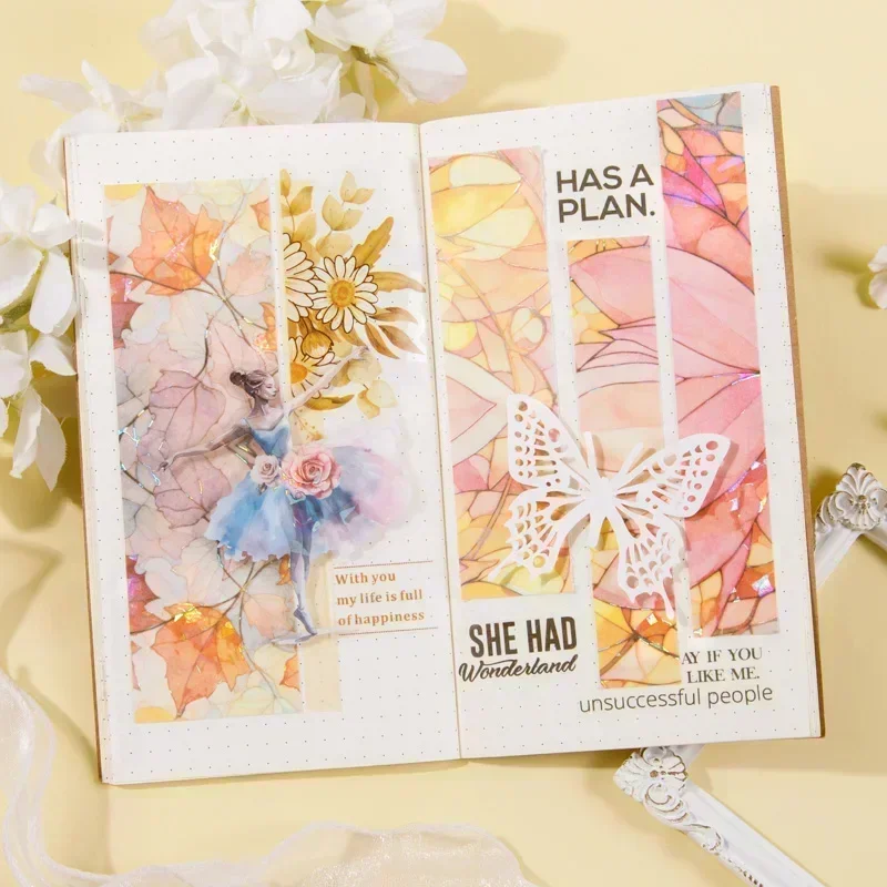 5Pcs Sticker Flutte Supplies Scrapbook Cut Stationery Background Light Blue Lable Flowers Glass Material Handbook