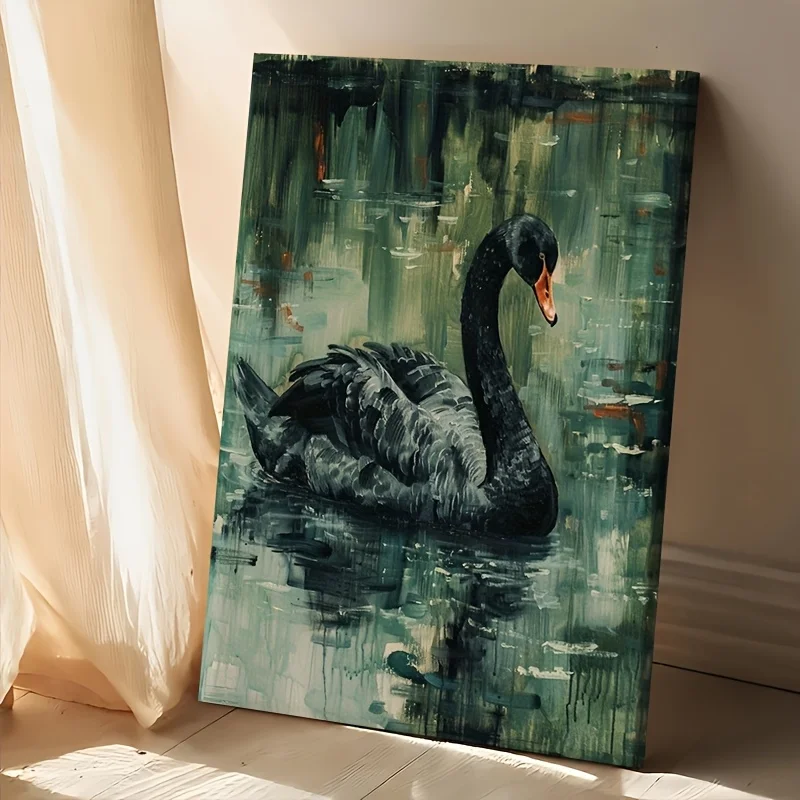 1 шт. Черный лебедь в серьезной зеленой воде, ретро-стиль масляной живописи 2D, идеальное украшение комнаты