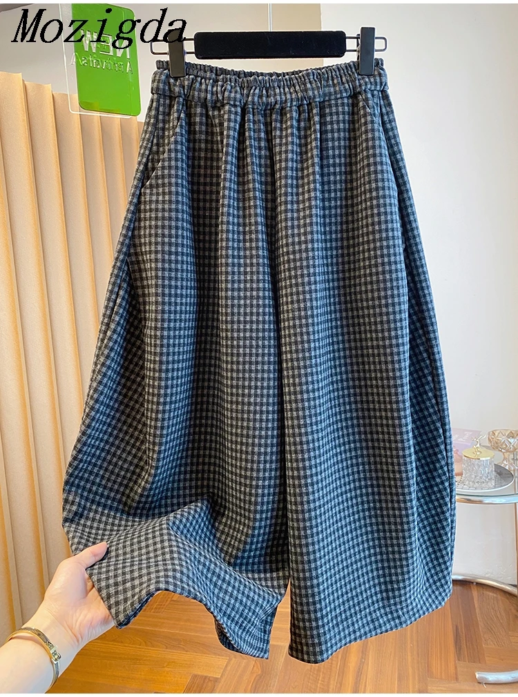 Plus size outono novo feminino xadrez perna larga nove-tenças calças casuais finas soltas versáteis calças leves