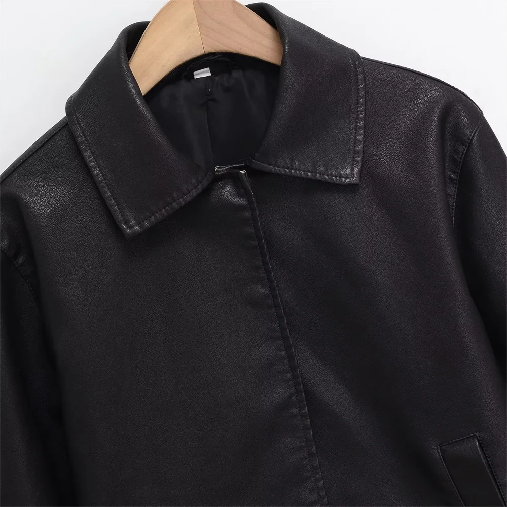 Autumn New Product: Women's Casual Flip Collar, Long Sleeves with Snap Buckle, Pocket Imitation Leather Jacket, Jacket