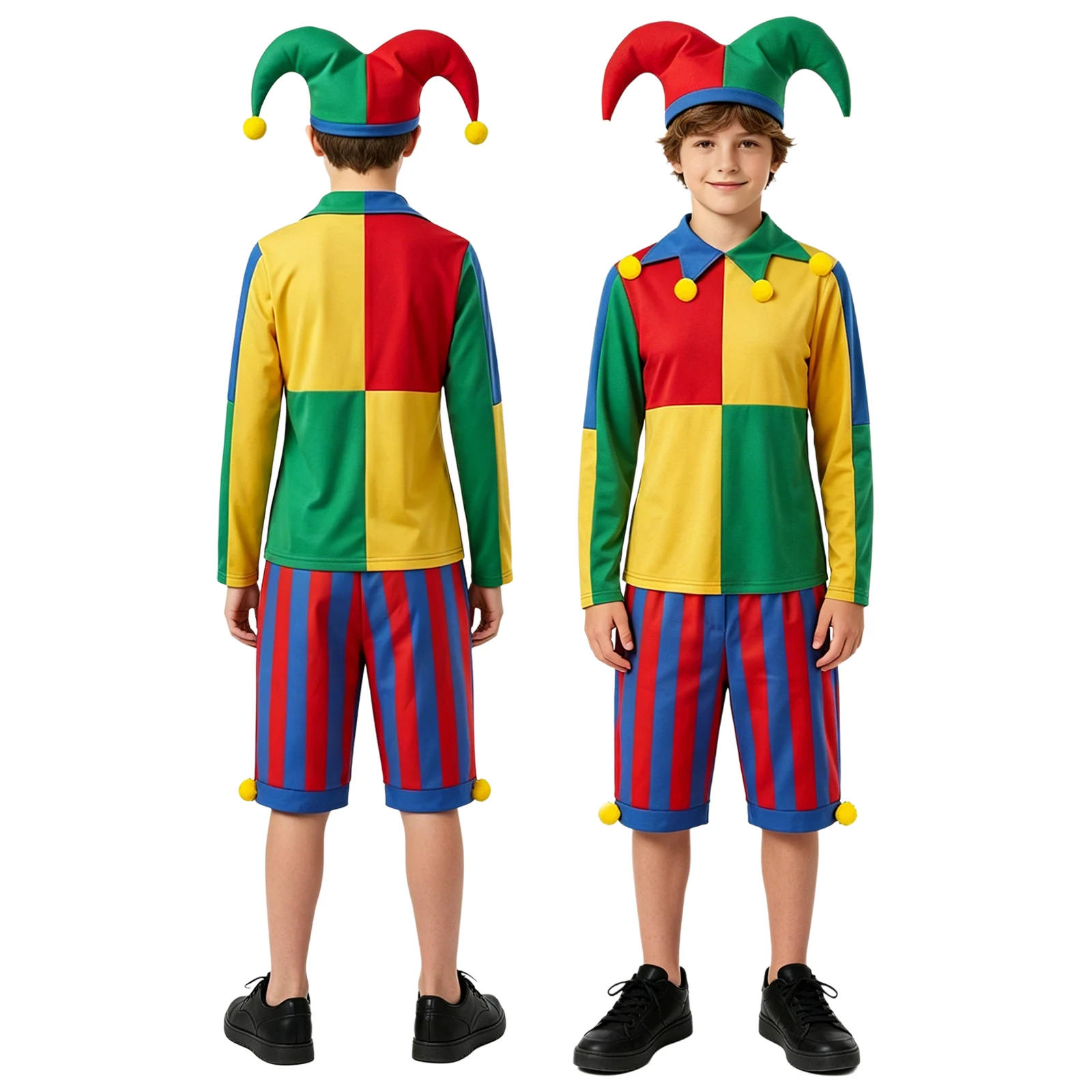 Clown Costume Halloween Evil Jester Twisted Circus Fancy Dress Long Sleeve Top with Stripe Shorts Clown Hat Stage Performance view 2