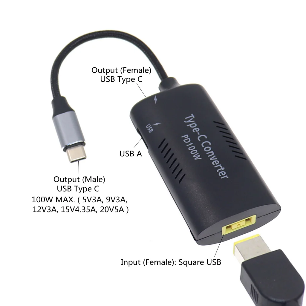 Adaptador USB C a Punta Delgada, cargador cuadrado de 100W, convertidor a tipo C para Lenovo Thinkpad, Samsung S8/S9/Note, Surface