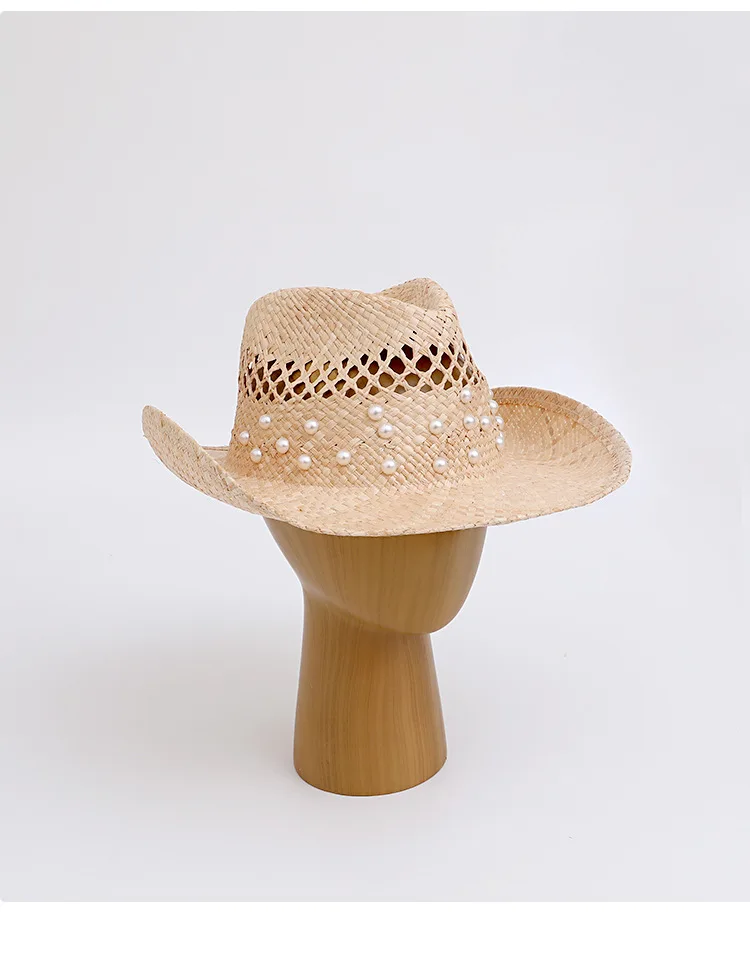 Women's Outdoor Fashion Sunblock Sunshade Straw Hat Pearl Inlaid Panama Hat Western Cowboy Beach Jazz CapTop Cap